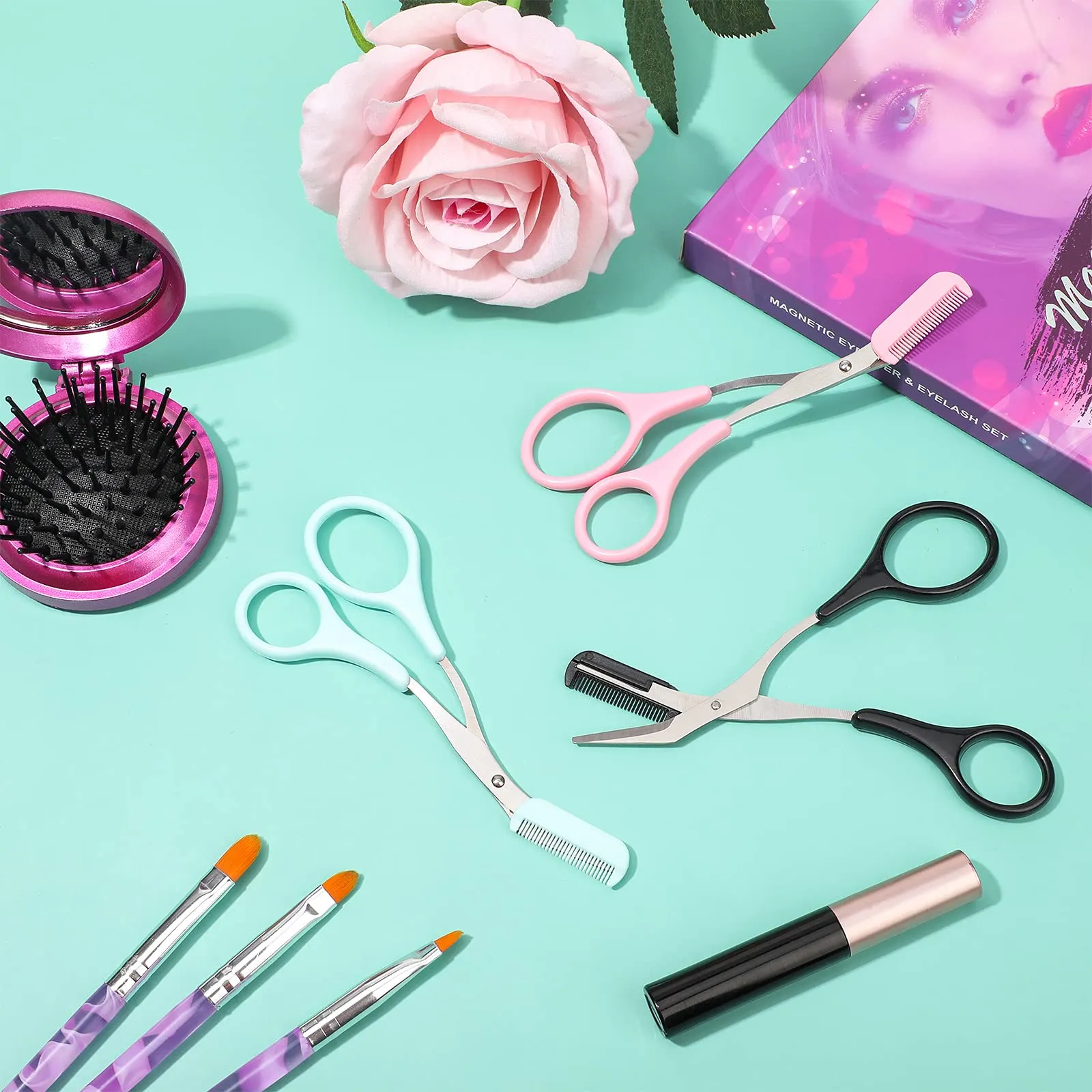 3 Pieces Eyebrow Shaping Cut Scissors Eyebrow Trimmer Scissors with Comb Eyebrow Comb Non Slip Finger Grips Hair Removal Beauty Accessories for Men And Women, Pink, Blue, Black