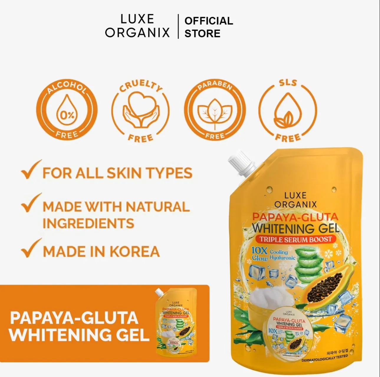 Luxe Organix - Papaya GLUta Whitening Gel - Triple Serum Boost - 10X Glow Cooling Hyaluronic - 200ml